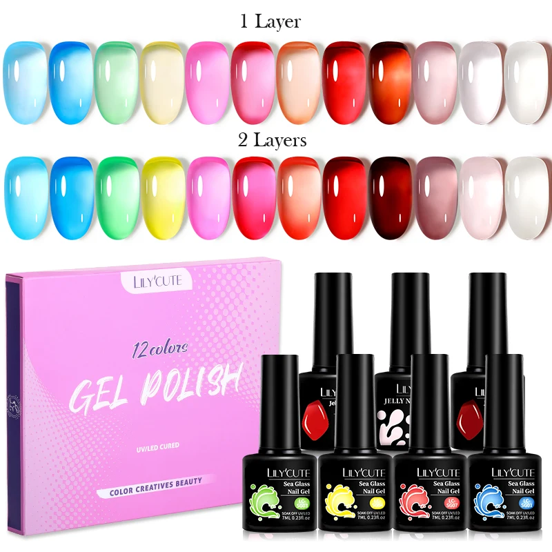 

LILYCUTE 12Pcs/Set Jelly Sea Glass Nail Gel Polish Soak Off UV Lamp Spring Summer Series Nail Art Semi Permanent UV Gel Varnish