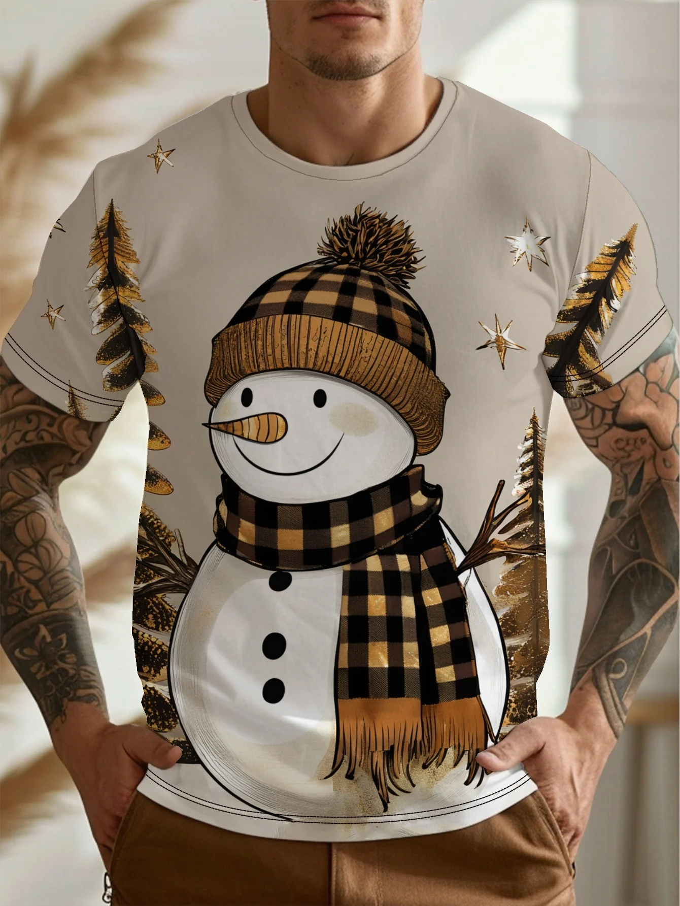 

Christmas Snowman Printed Men's T-shirt Funny X'mas Elements Party Short Sleeve Tops Casual Fashion Street Hip Hop Men Clothing