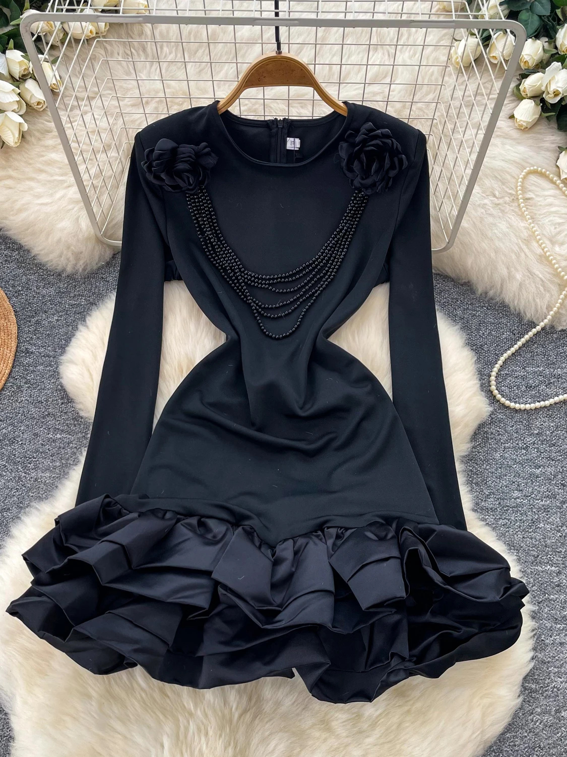 Commute Style High Waist A-Line Dress Women's Long Sleeve Black Dress Autumn Slim Fit Floral  Layered Design Short Dress