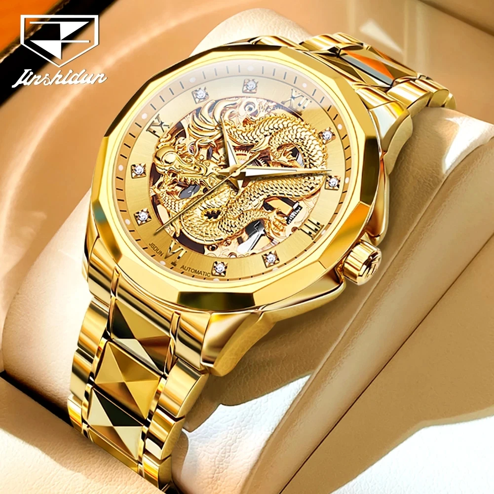 JSDUN Golden Dragon Automatic Mechanical Watches for Men Luxury Brand Stainless Steel Strap Hollow-carved Man Tourbillon Watch