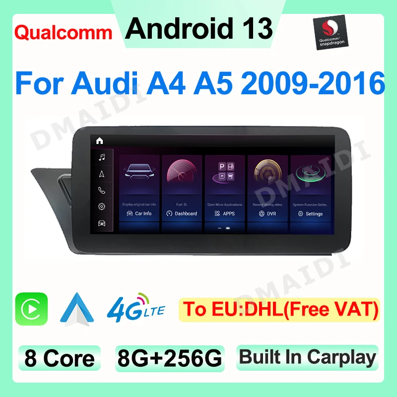 

Qualcomm Android13 GPS Navigation Central Video Player Multimedia Screen For AUDI A4 A5 B8 4G 12.5" 10.25" 8G+256G