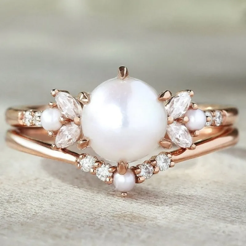 

Gorgeous Women Rings Gold Color Round White Stone Imitation Pearl Rings Party Accessories Gift