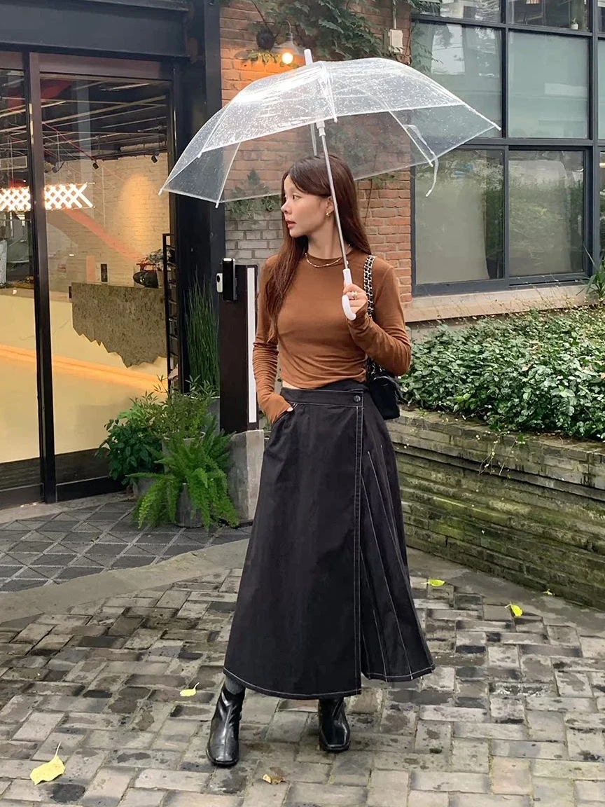 

Юбка миди А-силуэта с высокой талией, на пуговицах, с перекрестным дизайном, из дышащего хлопка, приятная к телу, женская юбка средней длины