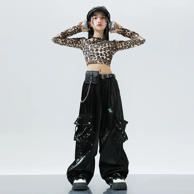 Jazz Dance Leopard Print Top Cargo Pants Children's Street Dance Outfit Hip-hop Suit Clothes Catwalk Show Costumes DQL9814 image 4