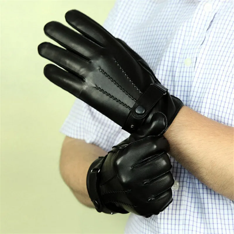 

Real Leather Men Gloves Autumn Winter Fashion Black Wrist Buckle High Quality Lambskin Driving Gloves Male WF1910