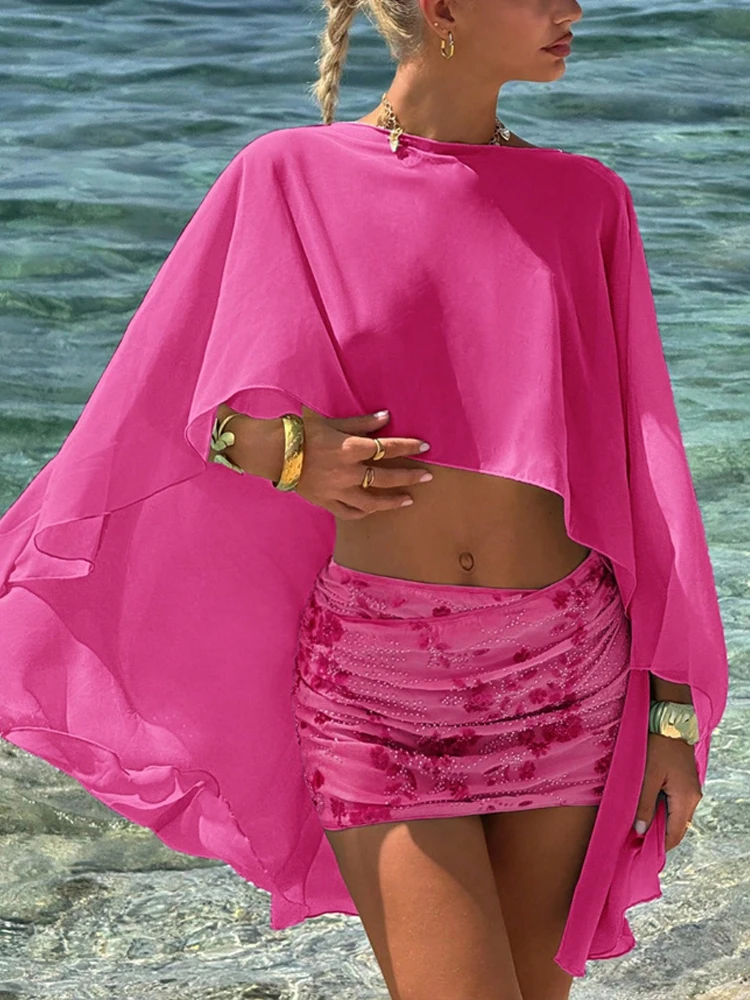 

Fashion Solid Exposed Navel Suit Sexy O-neck Hollow Out Beach Vacation Outfit Elegant Irregular Chiffon Top+Sequin Skirt 2pc Set