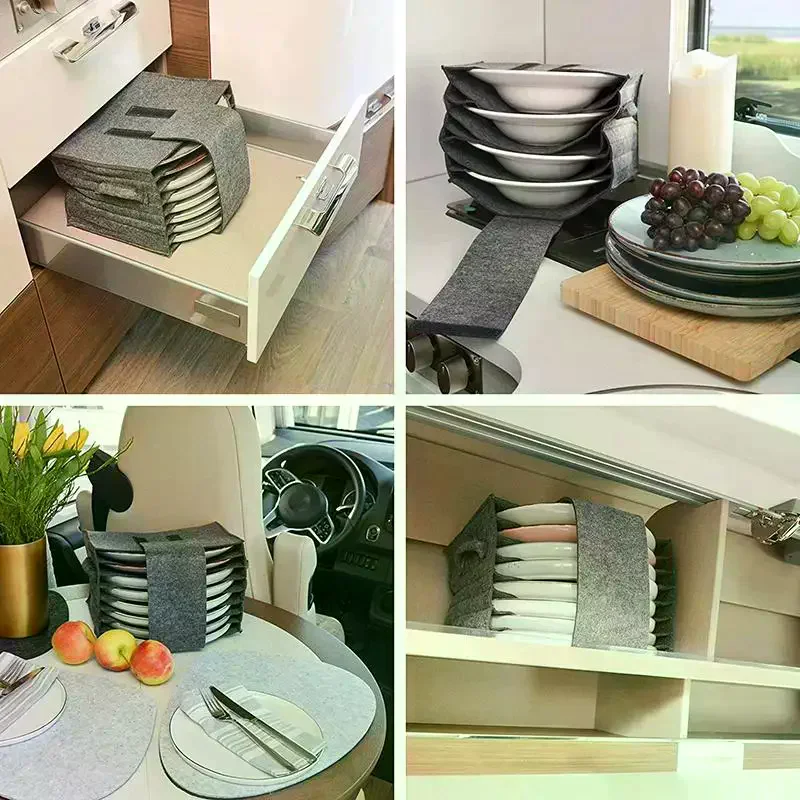 Felt Plate Dish Cup Storage Bag Holder Thicken Camping Tableware Containers Motorhome Kitchen Cupboard Layered Organization