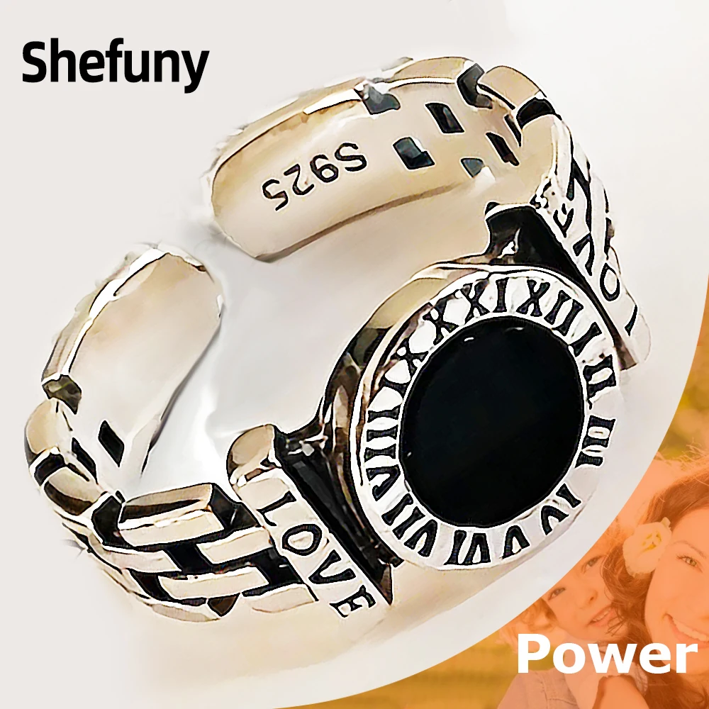 

925 Sterling Silver Round Roman Numeral Adjustable Finger Ring Black Zirconia Geometric Open Size Ring For Women Fine Jewelry