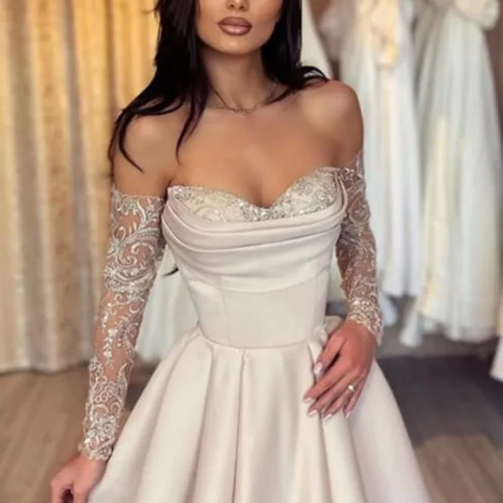 Amanda Customized White Embroidery Lace Glove فساتين سهرات Strapless Satin vestidos de fiesta Floor-Length Wedding Dress 2024