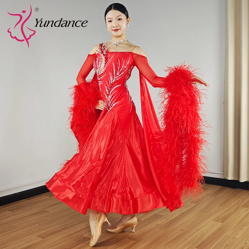B-25135-2 Yundance Elegante Vrouwen Spandex Ballroom Dans Kostuum Chrisanne Rood Satijn Chiffon Walsdans Jurken voor Concurrentie