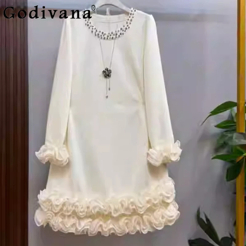 

Платье женское большого размера, весна-осень, с рюшами, вырезом «лодочка», длинным рукавом, в корейском стиле, с завышенной талией, А-силуэт, свободное, однотонное