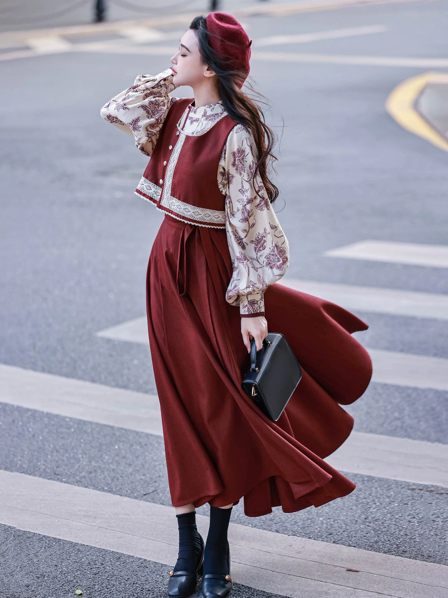 

Оригинальный женский комплект Hanfu HanSu: круглая майка, юбка, осенне-зимний винтажный наряд винно-красного цвета для повседневной носки и работы.