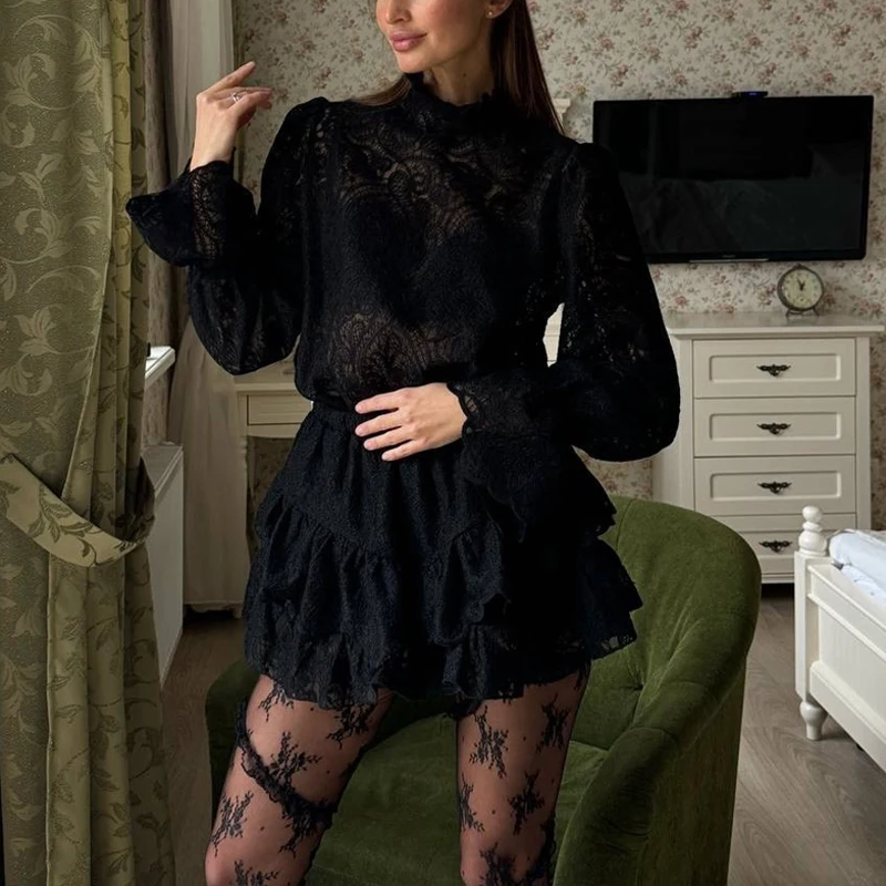 Women's Casual Flare Sleeve Pleated 2Pc Suit Fashion Lace Embroidery Solid Sets Elegant Stand Collar Shirt & Mini Skirts Outfits