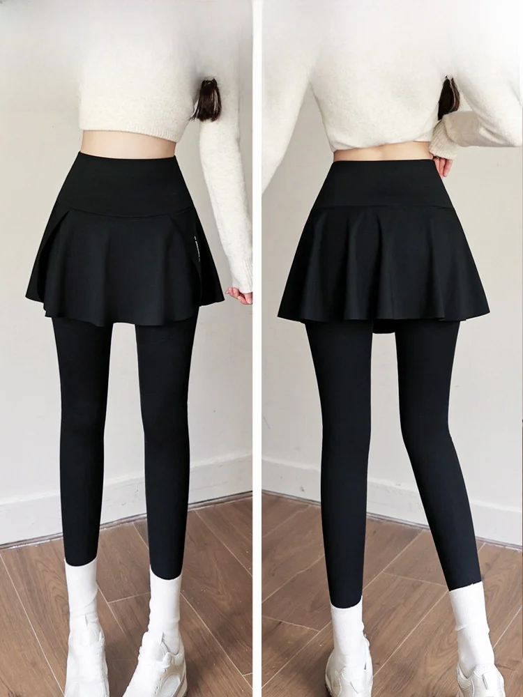 بنطلون يوجا مبطن مقاس كبير للنساء، طبقة أساسية، بنطلون تنورة من جلد الأركس، خصر عالي، طول ثلاثة أرباع، مصنوع من البوليستر والسباندكس