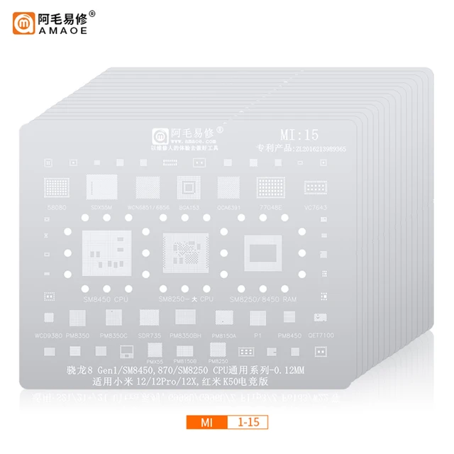 Amaoe MI1-15 BGA Reballing Stencil dla Xiaomi 6 5 8 9 10 11 12 Pro 12X CC9 A3 A2 A1 F2 Redmi K20 K30 K40 K50 Note 9 7 CPU RAM IC