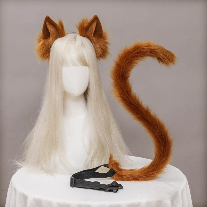 Fox Ear Headband and Long Tail Set Faux Fur Lolita Animation Cosplay Halloween Costume Headwear Accessories for Girls Women