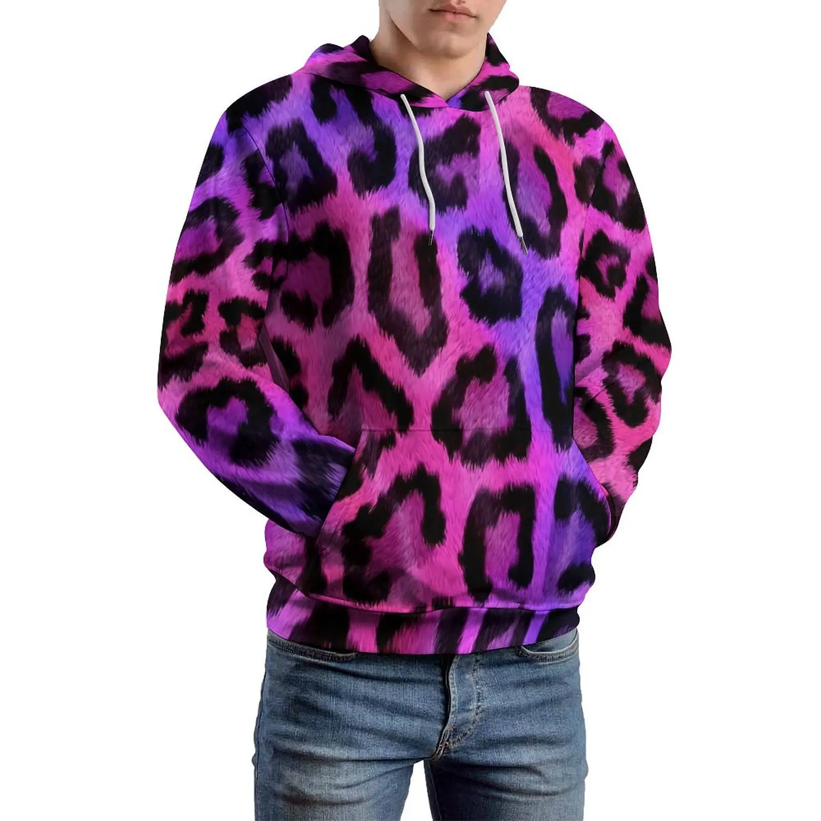 Two Tone Casual Hoodies Long Sleeve Cheetah Print Modern Hoodie Autumn Streetwear Printed Oversized Top