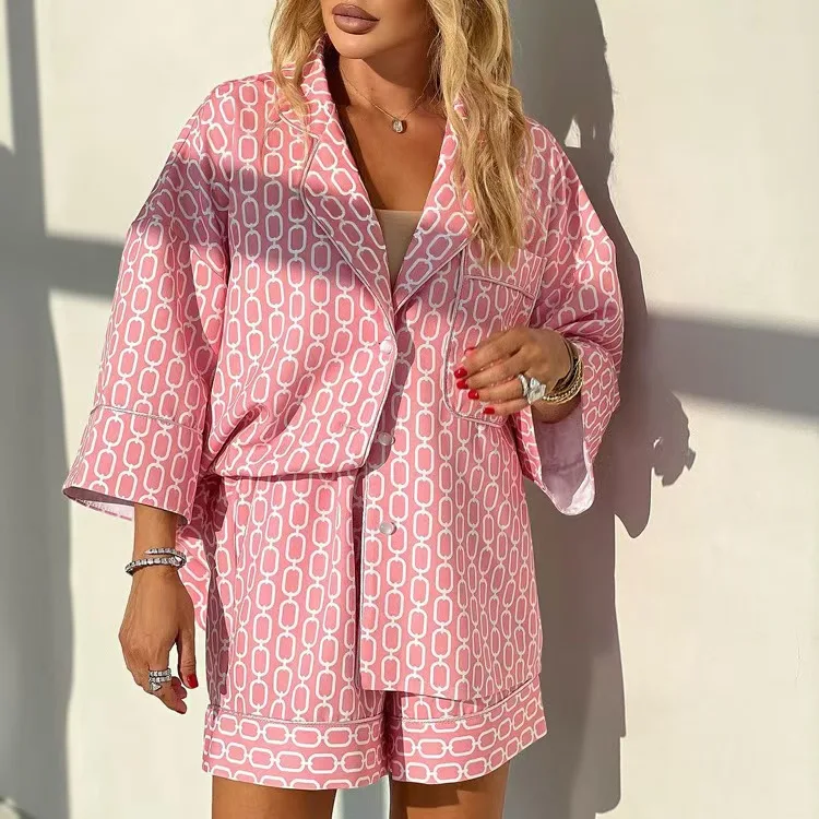 

Faionable Loose Printed irt And orts Set Women's Autumn Collection Button up Cardigan Sle Seven Sve Long Dr