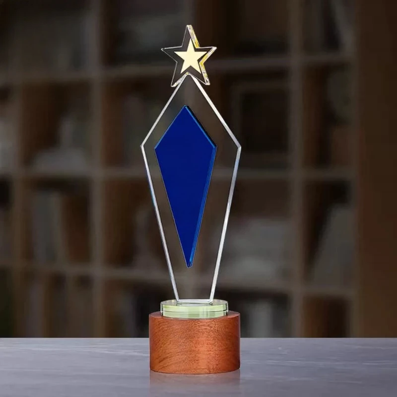 Customized Pentagram Transparent Blue Crystal Trophy, Excellent Company Annual Meeting, Awards Souvenirs, Crystal/Wood Base, 1Pc