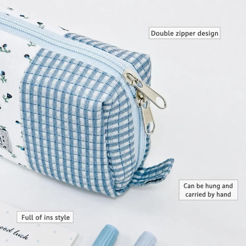 Durable Patchwork Pencil Case Floral Plaid Splicing Large Capacity Pen Bag Pencil Pouch School Supplies
