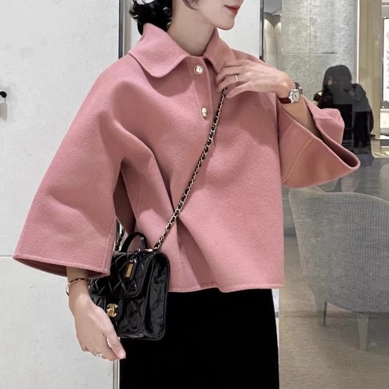 Chic Autumn Winter Short  Collar Loose Casual Wide Leg Sleeve Woolen Jacket Women\'s Top Fashion Trend Vintage Style