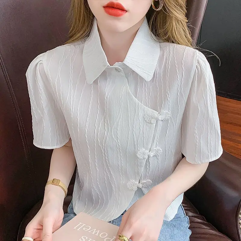 

Retro Women's Top Women's Lapel Top 2024 New Spring and Summer Solid Color Short Sleeved Casual Chic Top Shirt for Women E869