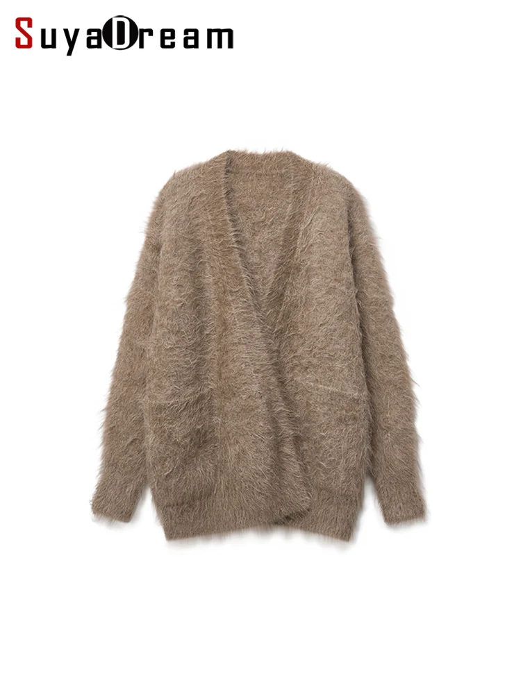 SuyaDream, Women Long Cardigans, 59%Alpaca,  Open Stitch Solid Hairy Sweaters, 2023 Fall Winter Warm Jackets, Caramel