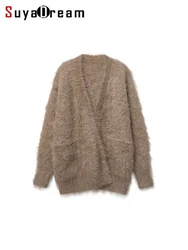 SuyaDream, Women Long Cardigans, 59%Alpaca,  Open Stitch Solid Hairy Sweaters, 2023 Fall Winter Warm Jackets, Caramel