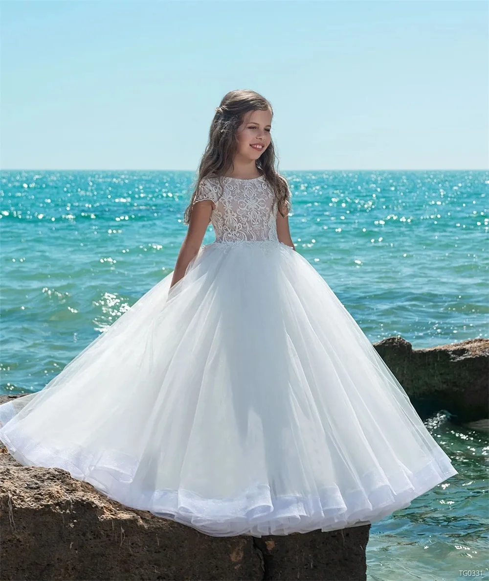 O-Ausschnitt Blumen mädchen Kleid für Hochzeit Prinzessin Mädchen Festzug Kleid weiße Spitze Applikationen lange Ärmel boden lange Kinder Vestidos