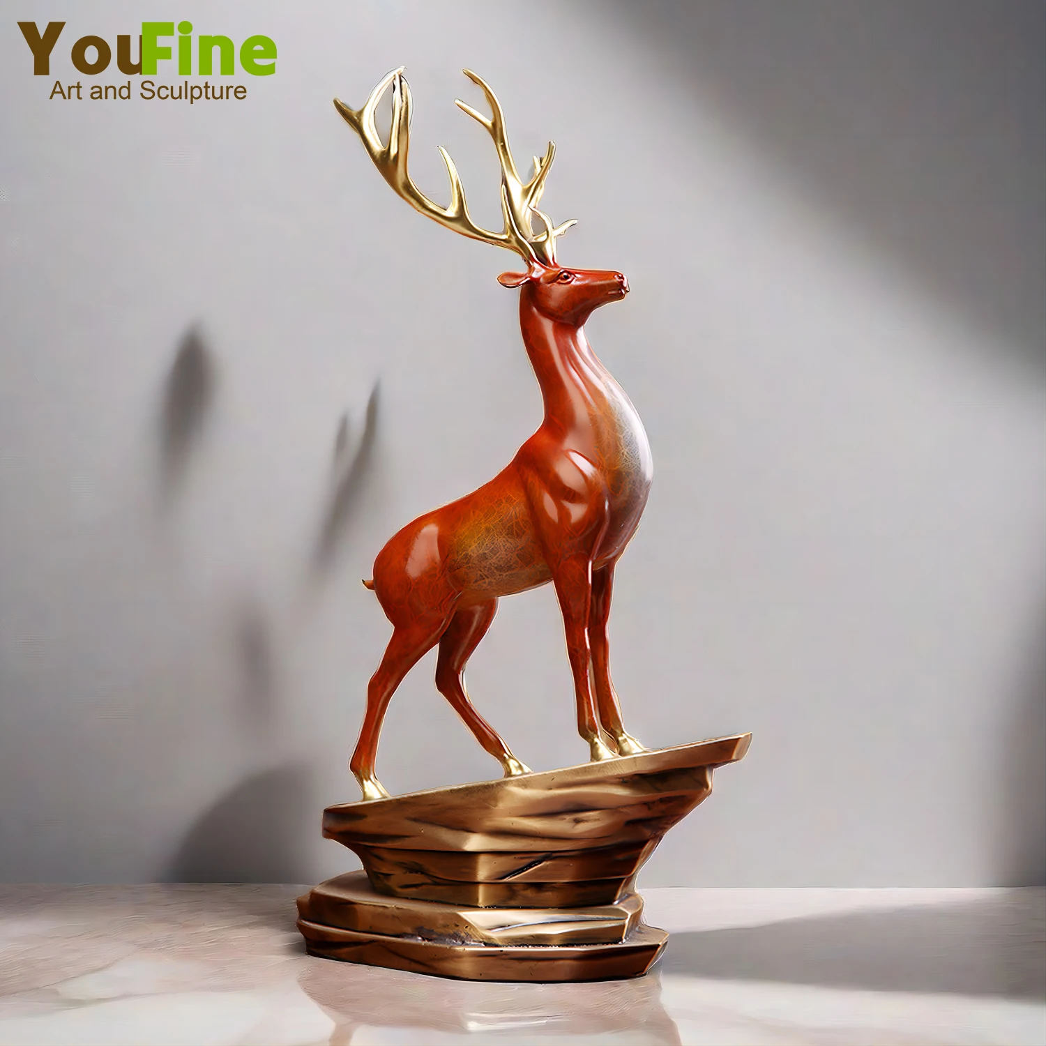 Modern Art Bronze Deer Statue 40cm Bronze Elk Reindeer Sculpture Feng Shui Sika Deer Statues For Home Office Decor Ornament Gift