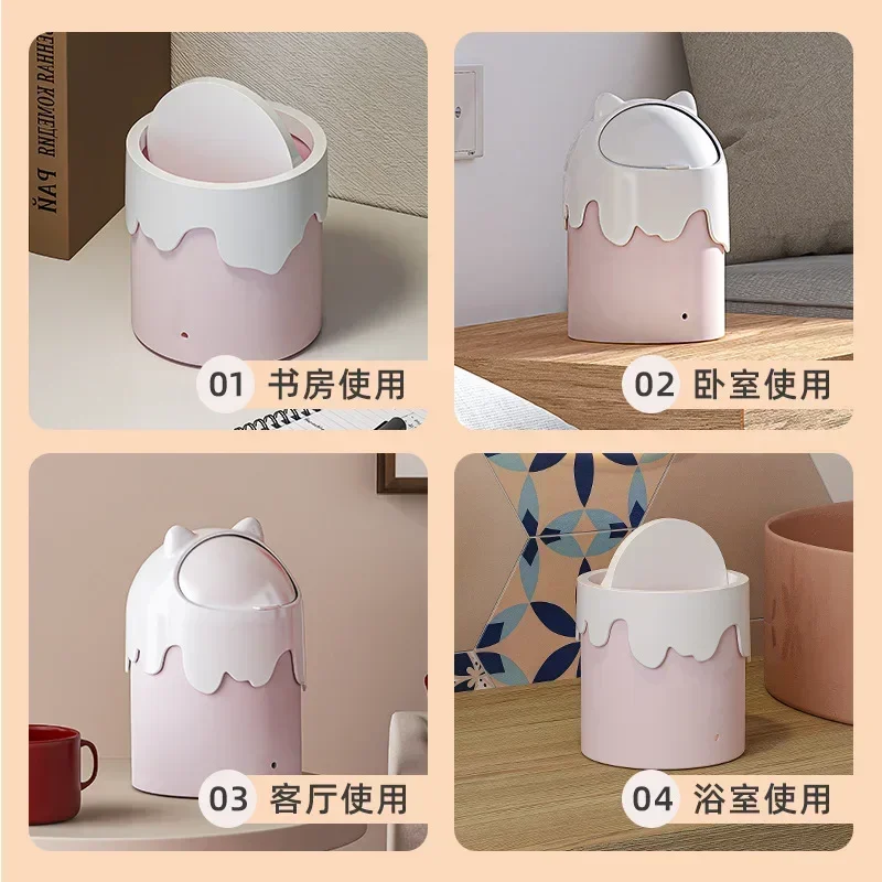 Desktop Trash Can Cute Small Bedroom Bedside Office Plastic Nordic Storage Bucket Mini Household with Lid
