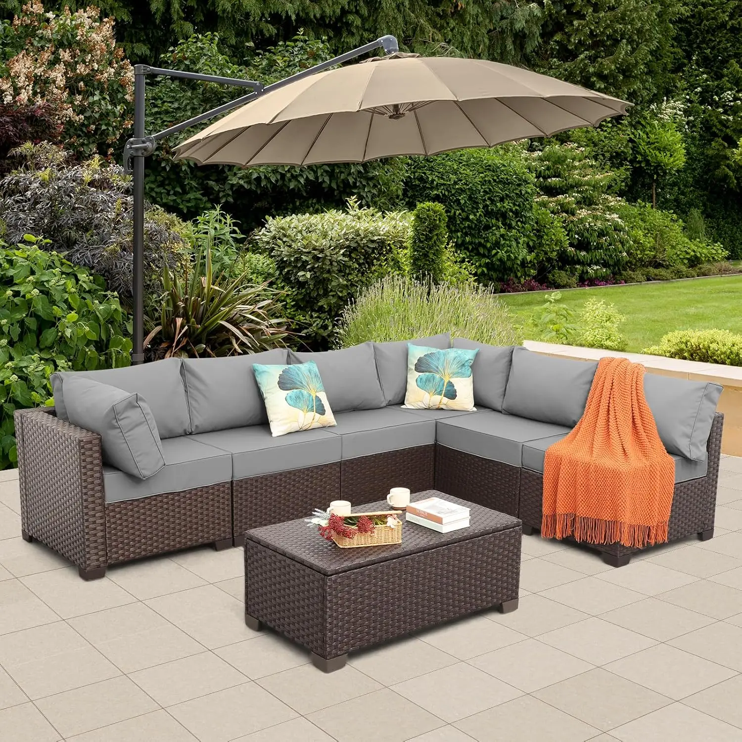 7 Pieces Outdoor Wicker Furniture Conversation Set Patio Furniture Sectional Sofa Couch Storage Table with Thicken Non Slip