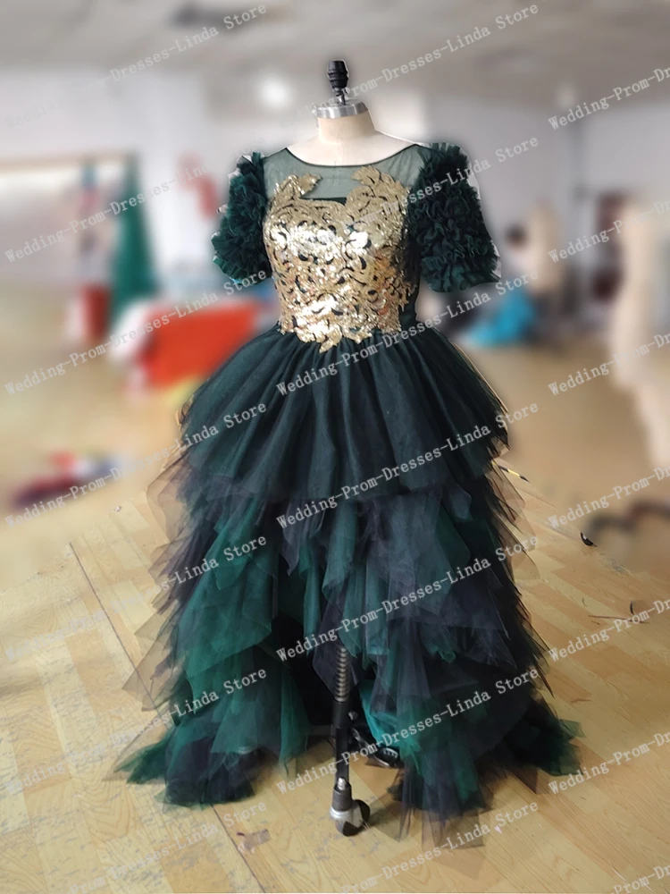 Gold Lace Dark Green  Evening Dresses for Women Boat-Neck Floor-Length High-Low Prom Party Gala Special Events Dance Maxi 2023