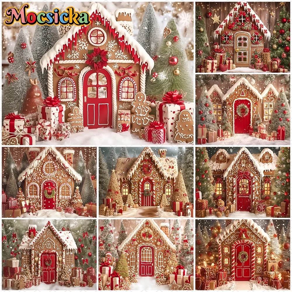 

Mocsicka Christmas Backdrop Gift Tree Party Photo Background Photography Snowflake Chocolate Biscuit House Red Door Decor Banner