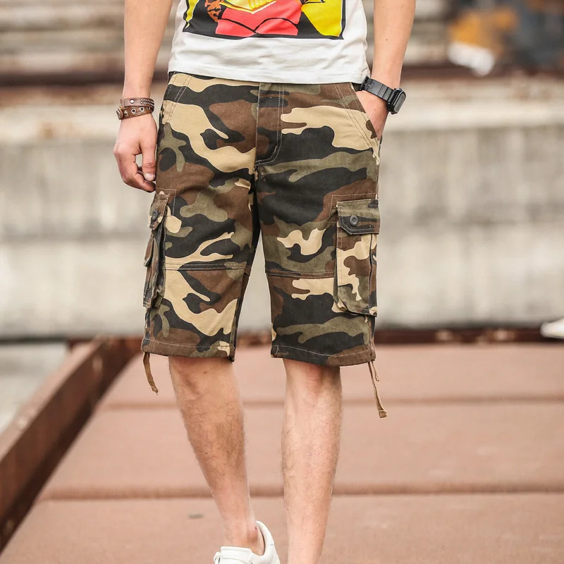 Fashion Zipper Button Spliced Pockets Camouflage Cargo Shorts Men's Clothing 2024 Summer New Loose Straight Knee Casual Shorts