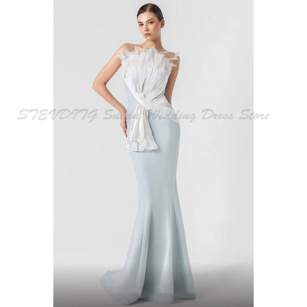 

Baby Blue Prom Dresses Women Floor Length Mermaid Strapless Sleeveless High Quality Set Special Event Party Prom Banquet Gowns