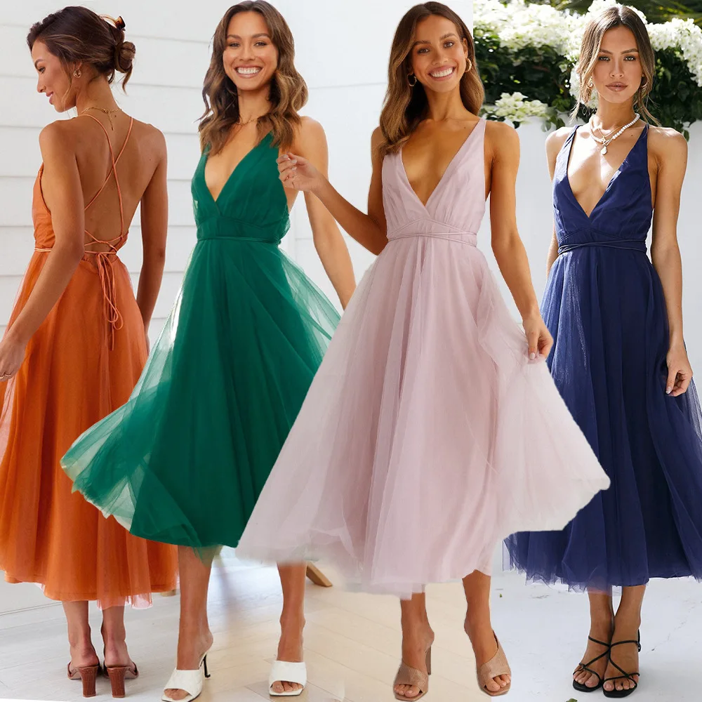 

Women V-neck Sexy Sling Dress Ladies Backless Mesh Solid Color Flowing Mid-length Dress Bridesmaid Dresses