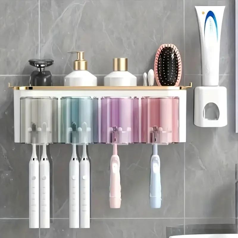 1 Set Multifunctional Toothbrush Rack and Mug Holder Wall Mounted Toothpaste and Mouthwash Storage with Toothpaste Squeezer