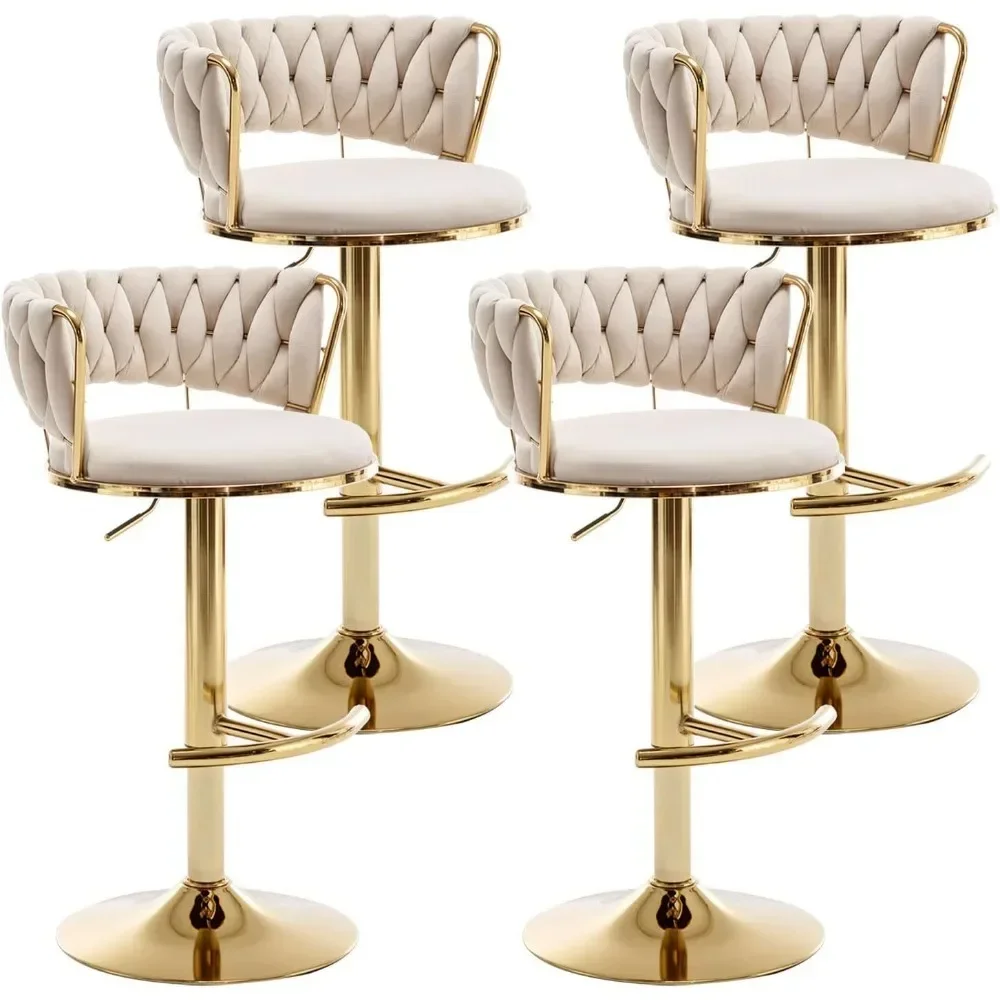 Gold Velvet Bar Stools Set of 4, Counter Height Bar Stools with Low Back, Swivel  Stool for Kitchen Island, Bar Pub (Beige)