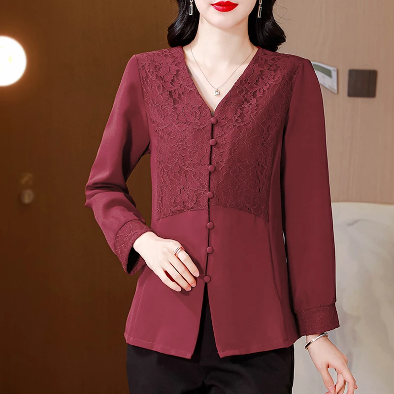 

2025 Autumn New Fashion Vintage Embroidery Shirts Women Elegant V-neck Long Sleeve Casual Slim-Fit Women's Blouses Tops Clothes