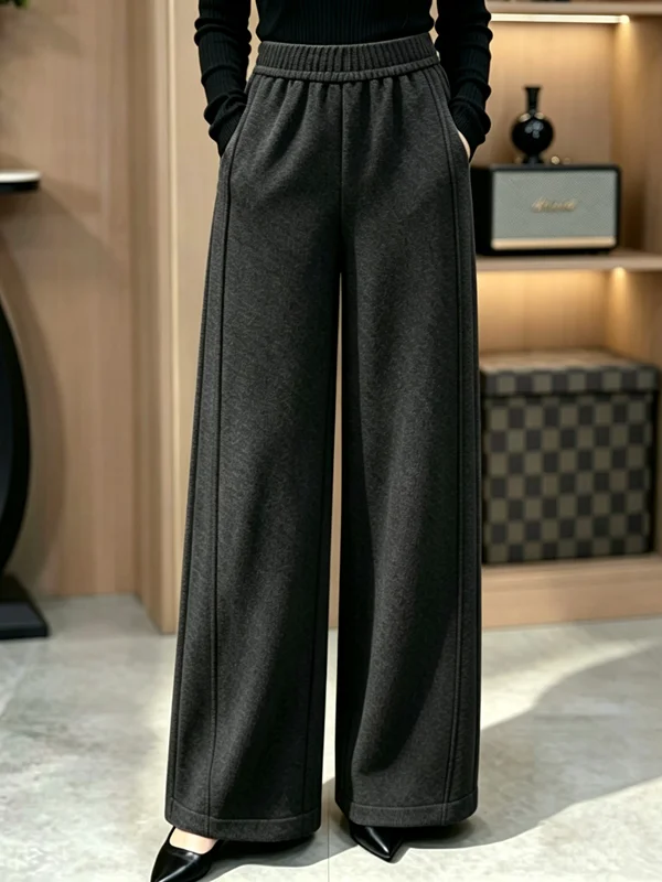 Women's Autumn Winter Fleece Lined Rice Noodle Straight Leg Pants Elastic Waist Comfortable Casual Sweatpants Trendy