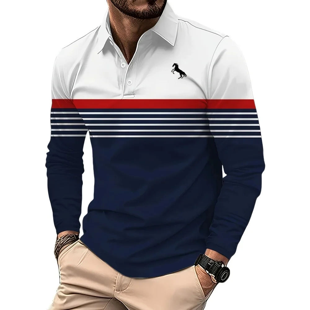 2026 New Classic Stripe Printed Men's Long Sleeve Polo Shirts Autumn Casual Comfortable Fit Button Polo Tops Street Man Pullover
