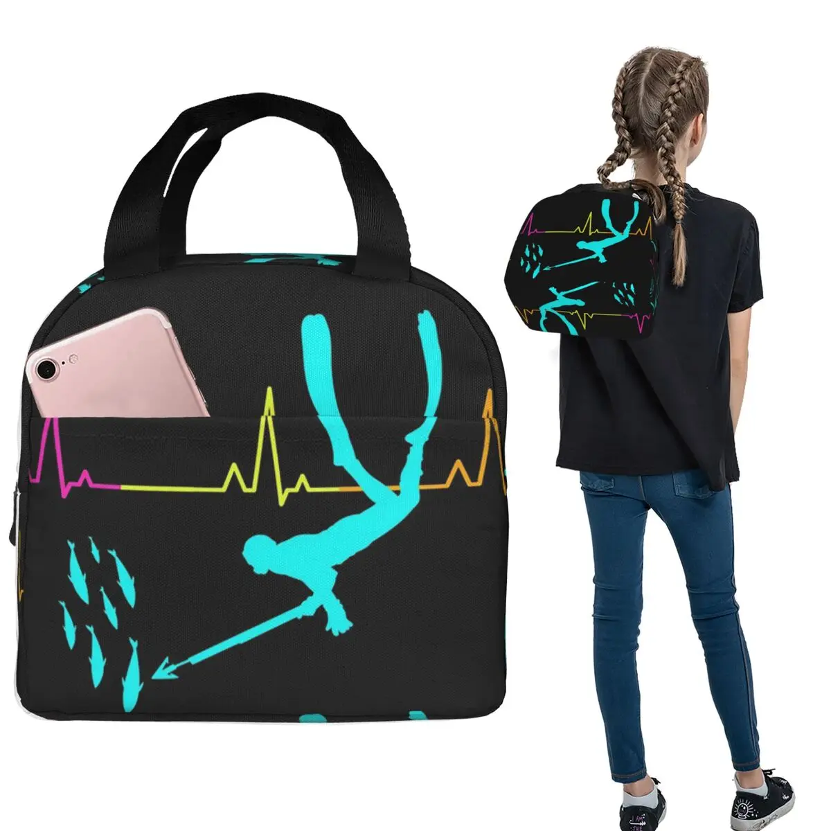 

Spearfishing Spearfisher Fishing Heartbeat Pulse Insulated Lunch Bag for Women Kids Portable Food Boxes Thermal Lunch Box Tote