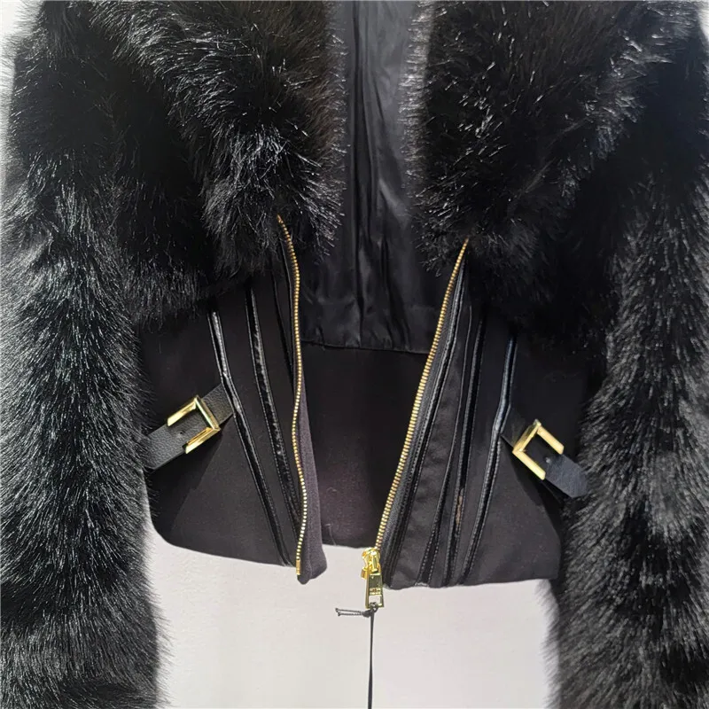 Hksh 2025 inverno novas mulheres casaco curto falso fu patxhwork zíper cintura cinching fino ajuste streetwear luxo ins jaqueta quente hk14812