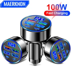 Car Charger 100W Support Super Fast Charging 6 In 1 Multi-port Voltage Car With Vehicle Digital Display Mobile car Phone Charger