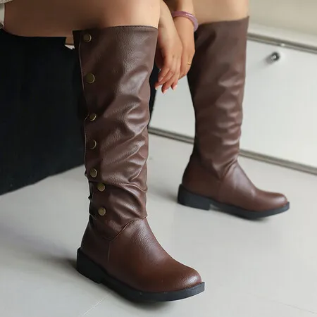 Women Knee High Boots Folded 3cm Heel Button Up Big Size 46 47 48 Party Bota Faux Leather Mortorcycle Ridding 2024