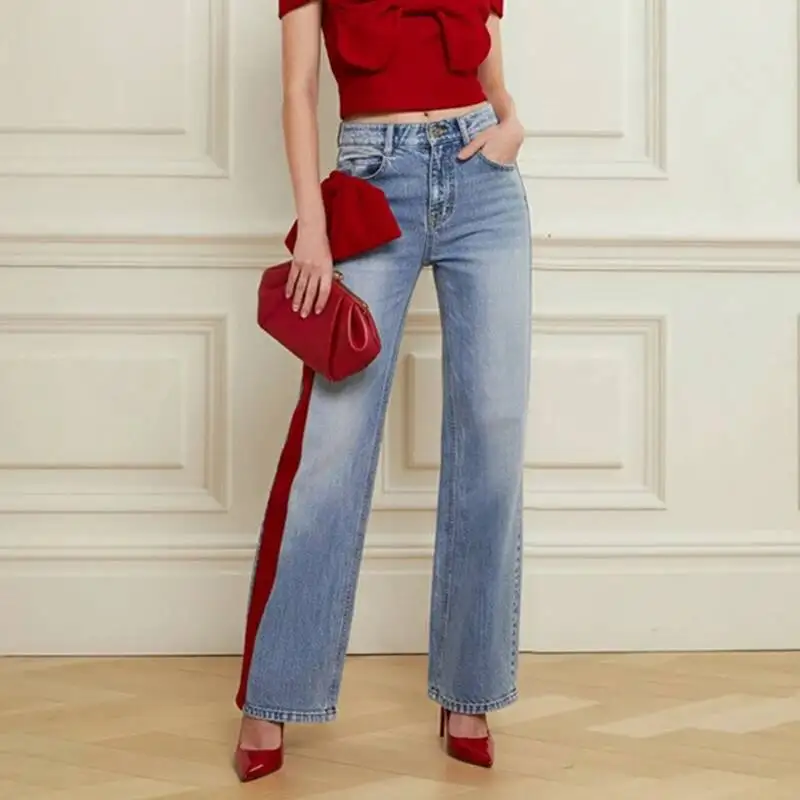 بنطلون جينز نسائي أنيق للخروج خريف وشتاء 2025، تصميم جديد أنيق مزين بفيونكة، بنطلون أزرق عصري للسيدات