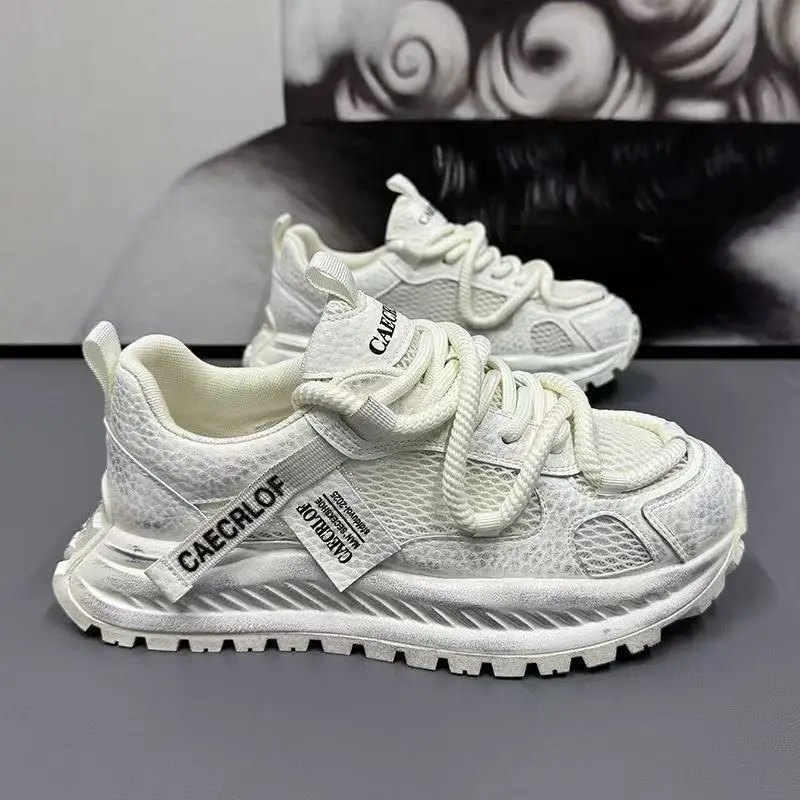 2026 New Men's Gray Chunky Dad Shoes Distressed Platform Sneakers Breathable Mesh Streetwear Casual Walking Trainers for Men