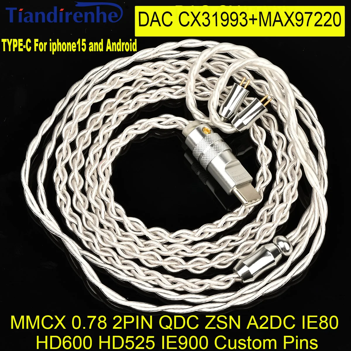 Кабель для наушников Tiandirenhe типа c с CX31993 Max97220 Dual Op Amp DAC 4 Strand Bold Cable Mmcx 0,78 Ie900 IE80 QDC ZSN