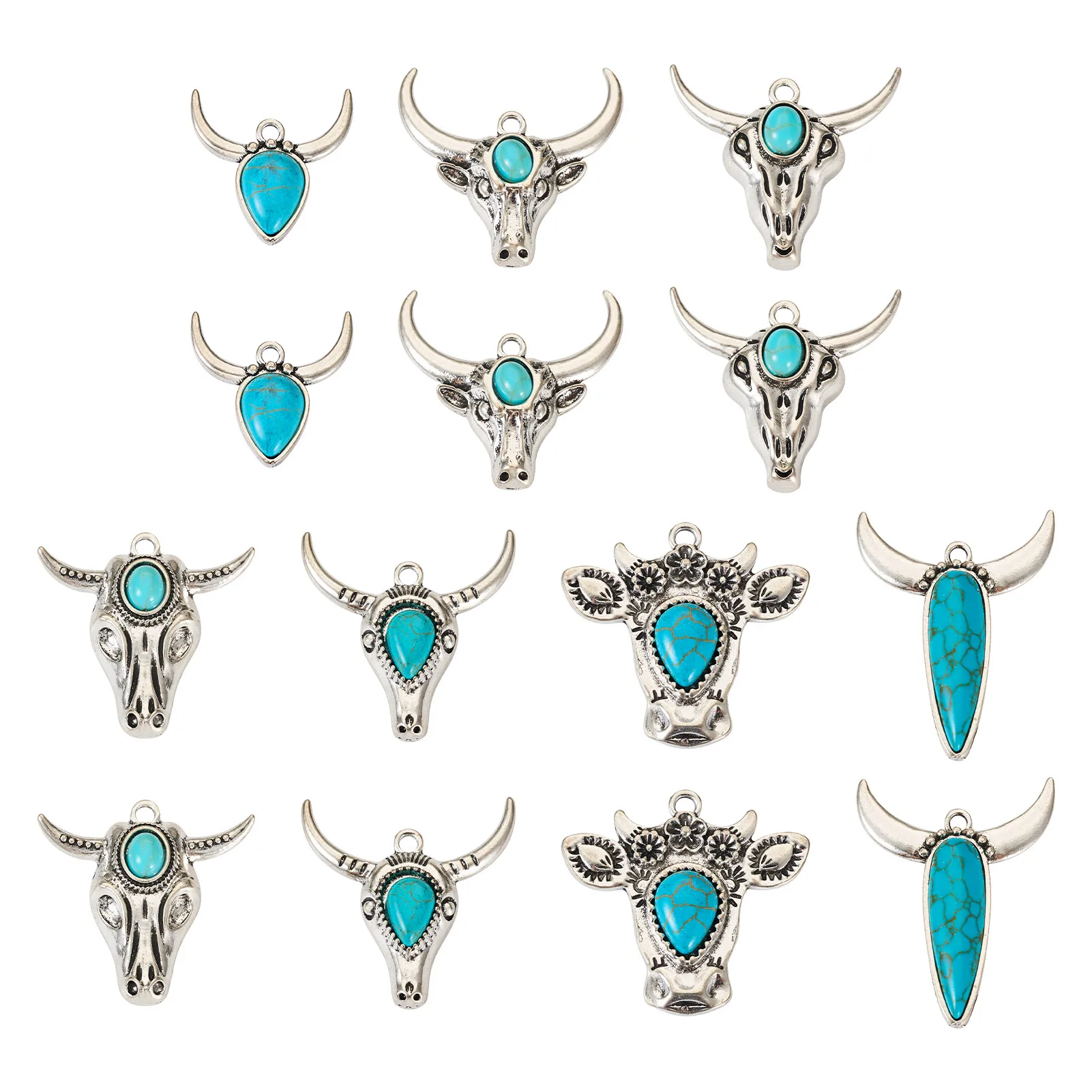 

14Pcs Cattle Head Charms Synthetic Turquoise Animal Pendants with Alloy Findings For Earrings Necklace Jewelry DIY Accessories